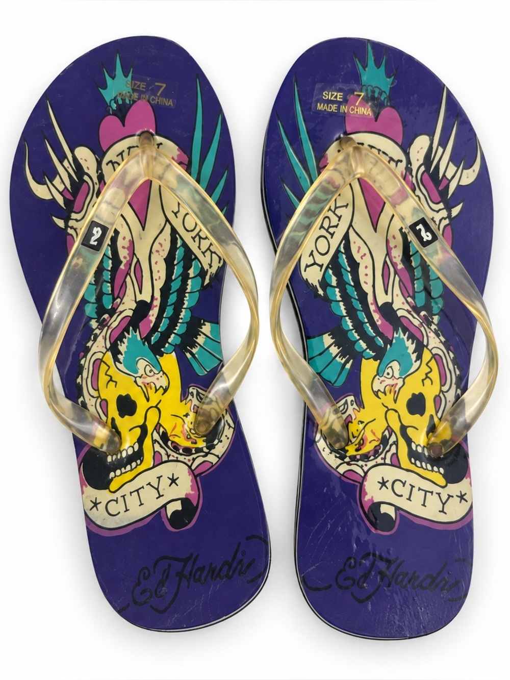 Ed Hardy Vintage Y2K Tattoo Graphic Purple Flip Flops Women’s Size 7